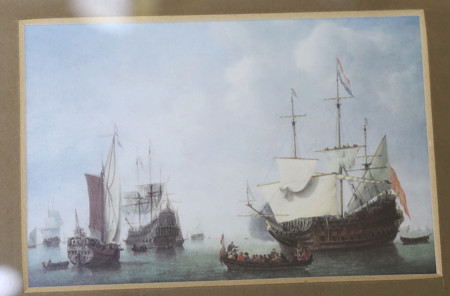 After Willem Van de Velde the younger (1633-1707), colour print, Dutch East India Fleet together with another after Charles Brooking, 8 x 11.5cm, maple framed